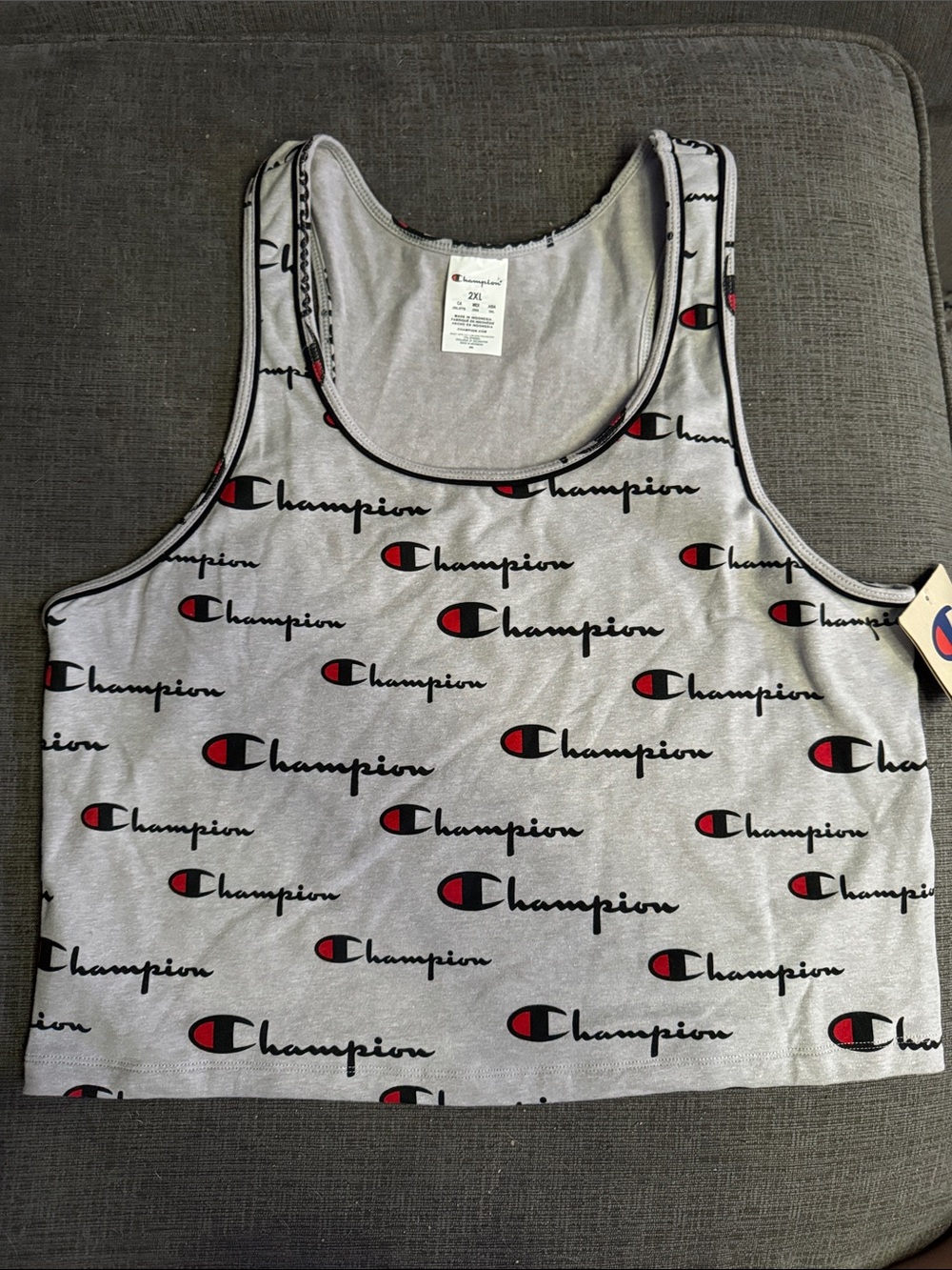 Champion Grey Tank with Black and Red Logo Print